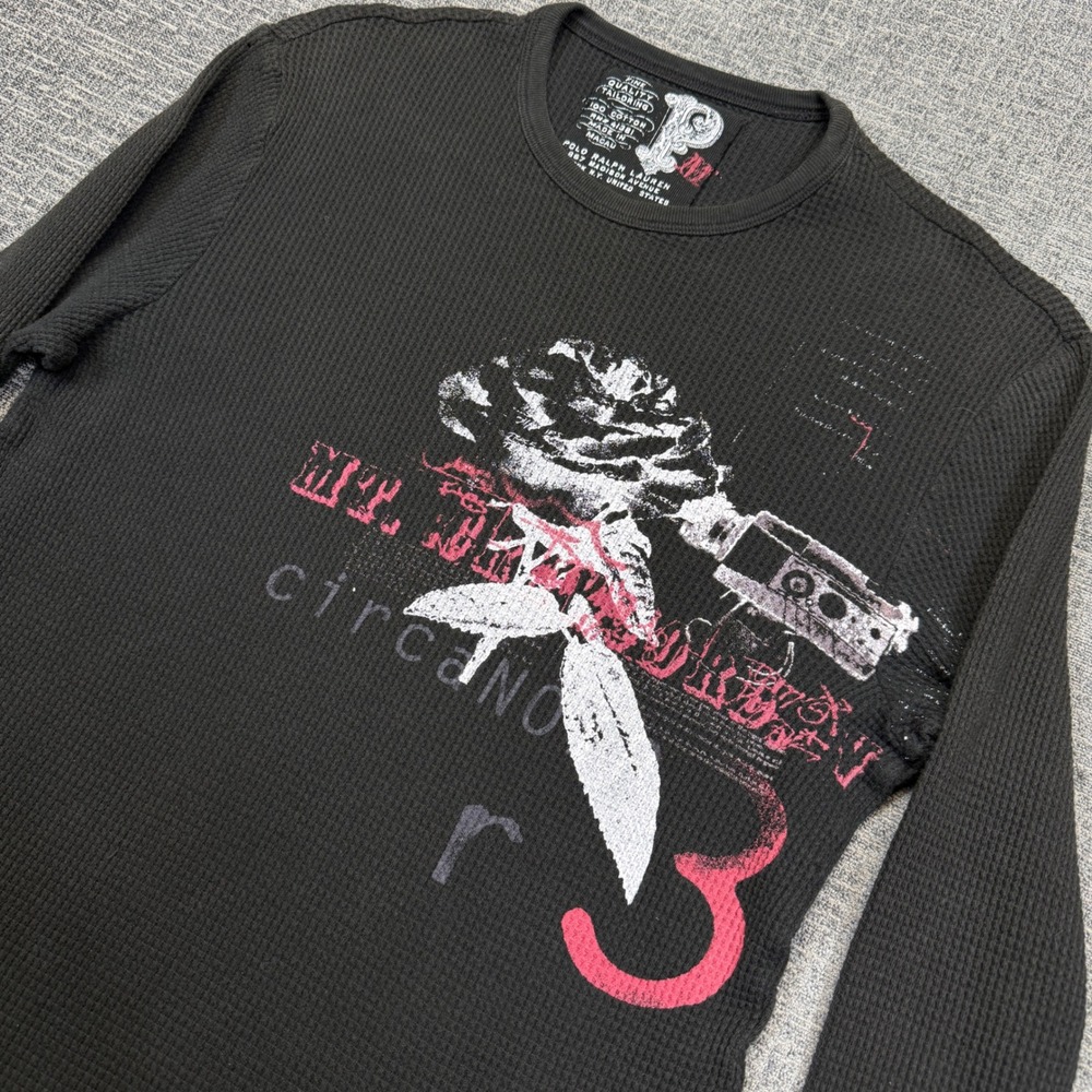 Polo Ralph Lauren Shirt Mens M Black Waffle Knit Thermal Graphic Long Sleeve Y2K